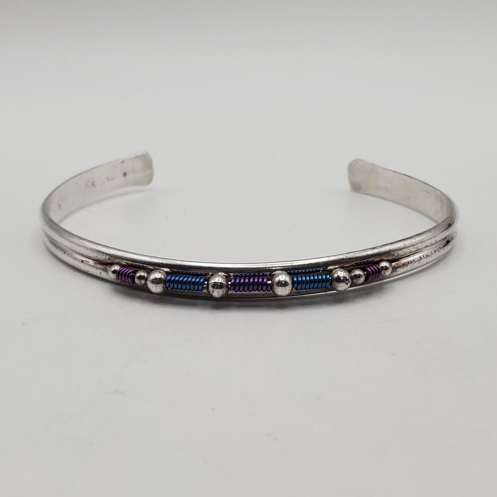 Sterling Silver 925 Vintage Wire Twist Detail Petite Cuff Bracelet Signed PJP - Picture 2 of 10